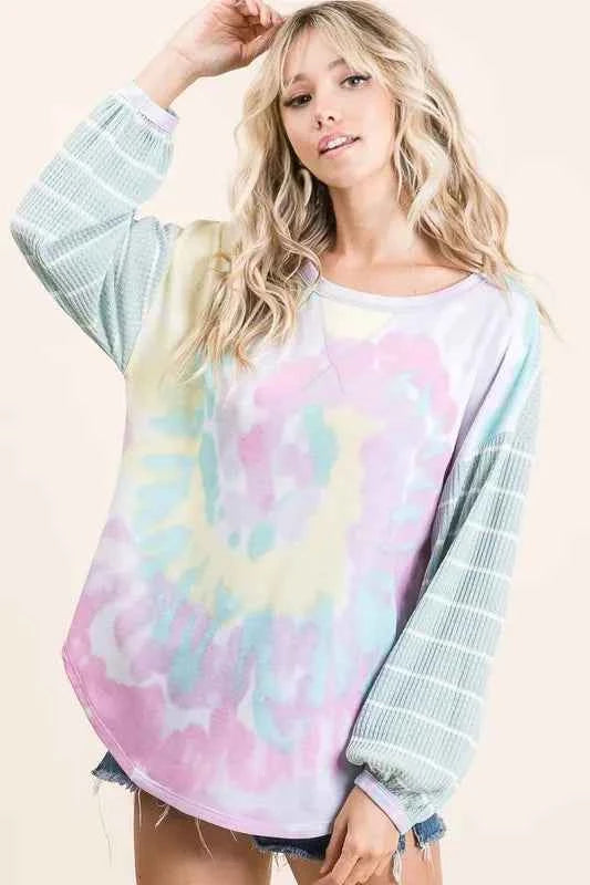 BiBi Tie Dye Terry Top with Wide Stripe Thermal Waffle BiBi Tie Dye Terry Top with Wide Stripe Thermal Waffle