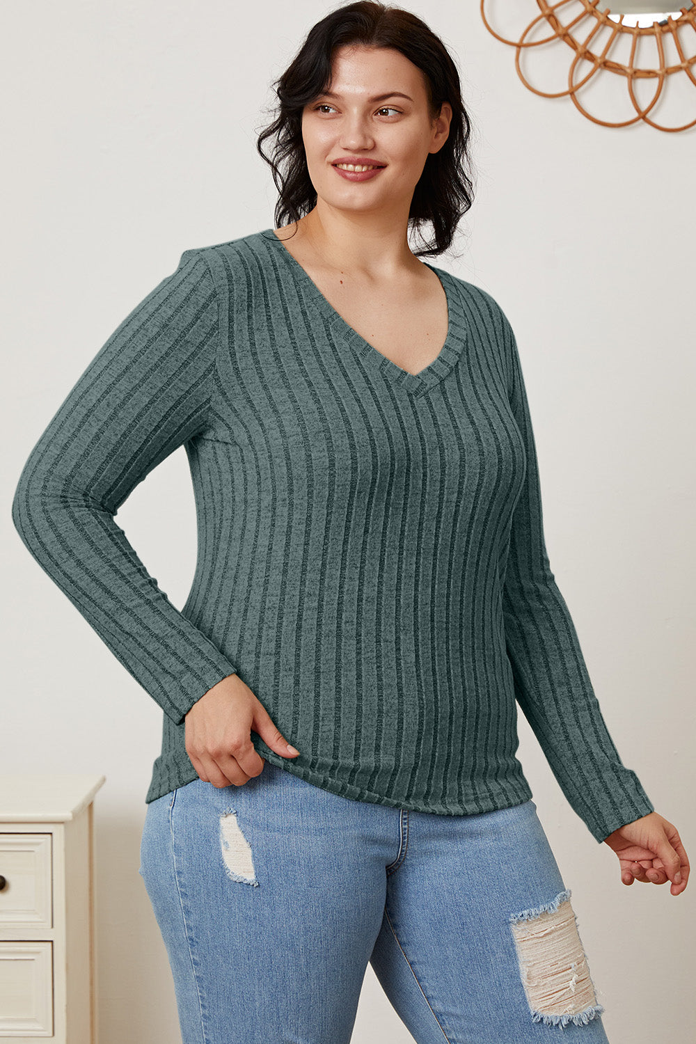 Basic Bae Full Size Ribbed V-Neck Long Sleeve T-Shirt Basic Bae Full Size Ribbed V-Neck Long Sleeve T-Shirt - TopFashionHQ