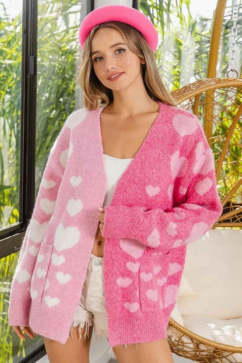 BiBi Heart Color Block V-Beck Knit Cardigan with Pockets BiBi Heart Color Block V-Beck Knit Cardigan with Pockets