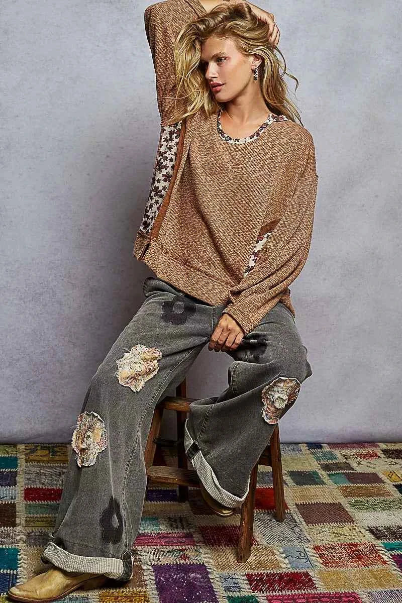 POL Balloon Sleeve Oversized Ribbed Top with Floral Pattern Contrast POL Balloon Sleeve Oversized Ribbed Top with Floral Pattern Contrast