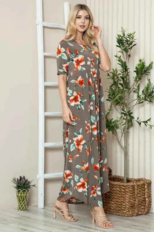 BOMBOM Floral Round Neck Short Sleeve Maxi Tee Dress BOMBOM Floral Round Neck Short Sleeve Maxi Tee Dress