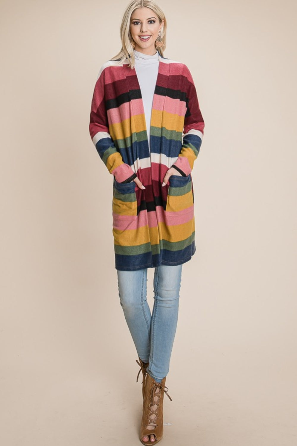 BOMBOM Color Block Striped Open Front Cardigan BOMBOM Color Block Striped Open Front Cardigan - TopFashionHQ