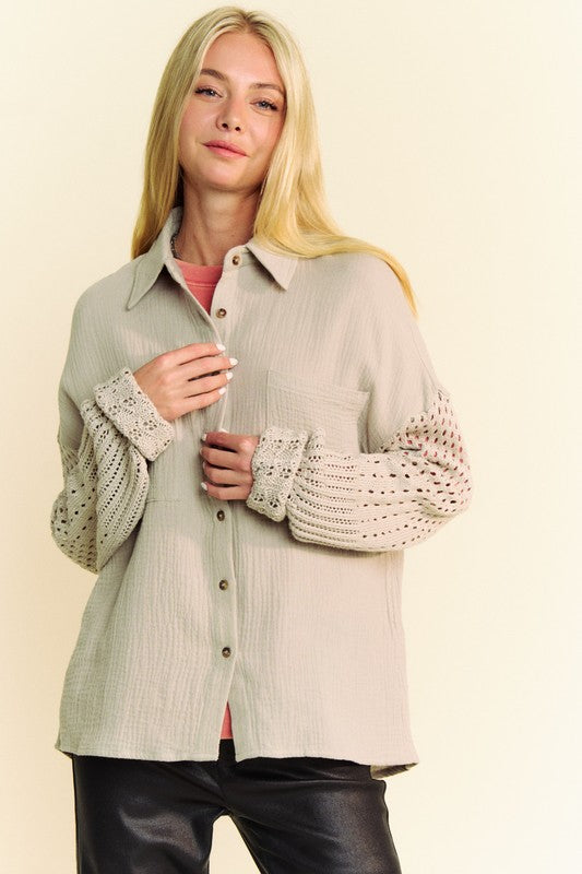 Davi & Dani Crochet Sleeve Crinkled Texture Shirt Davi & Dani Crochet Sleeve Crinkled Texture Shirt