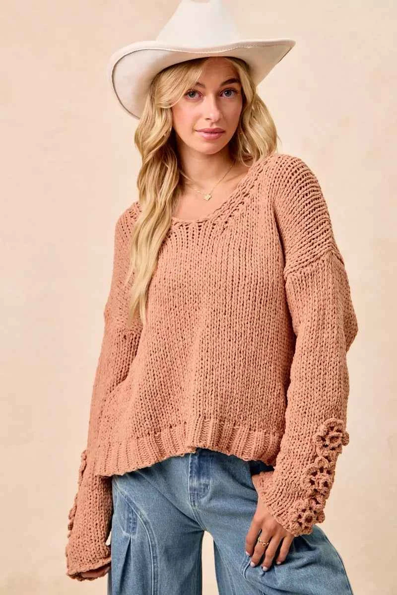 BiBi Chunky Knit Sweater with Flower Detail Sleeves BiBi Chunky Knit Sweater with Flower Detail Sleeves