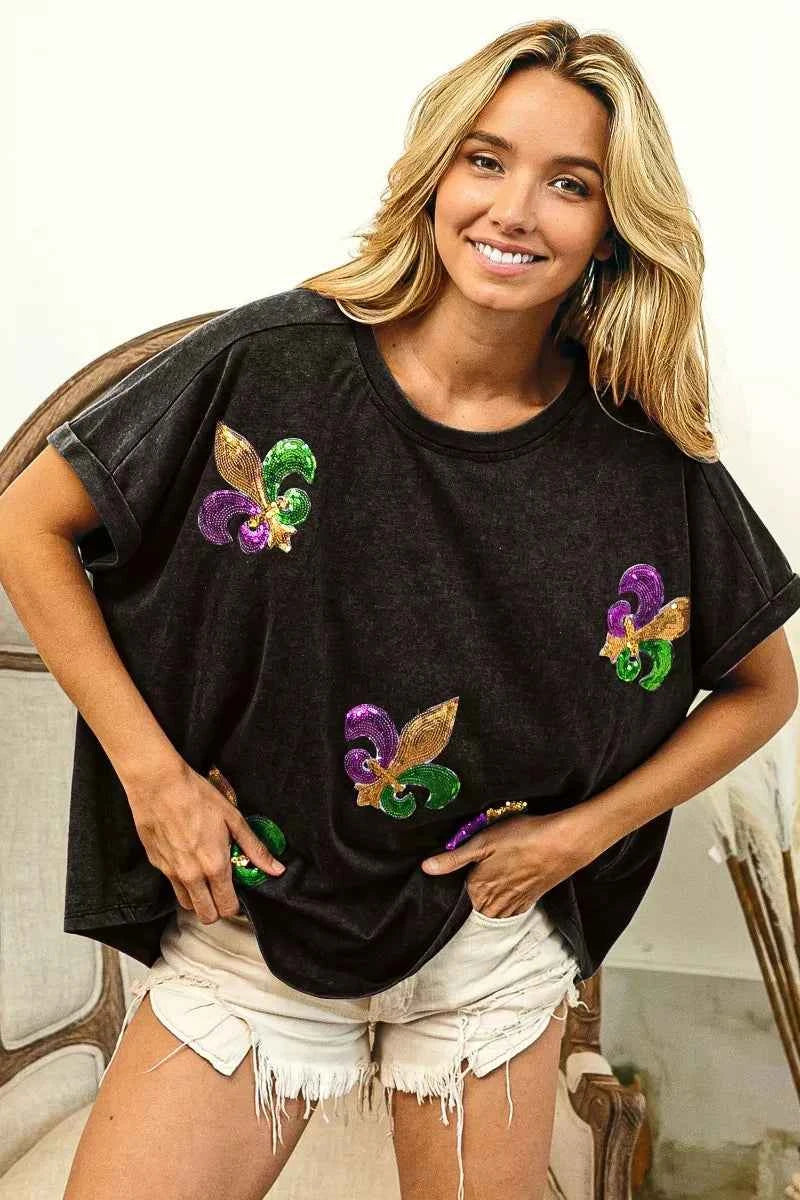 BiBi Fleur De Lis Sequin Patches Mardi Gras Sleeve Top BiBi Fleur De Lis Sequin Patches Mardi Gras Sleeve Top