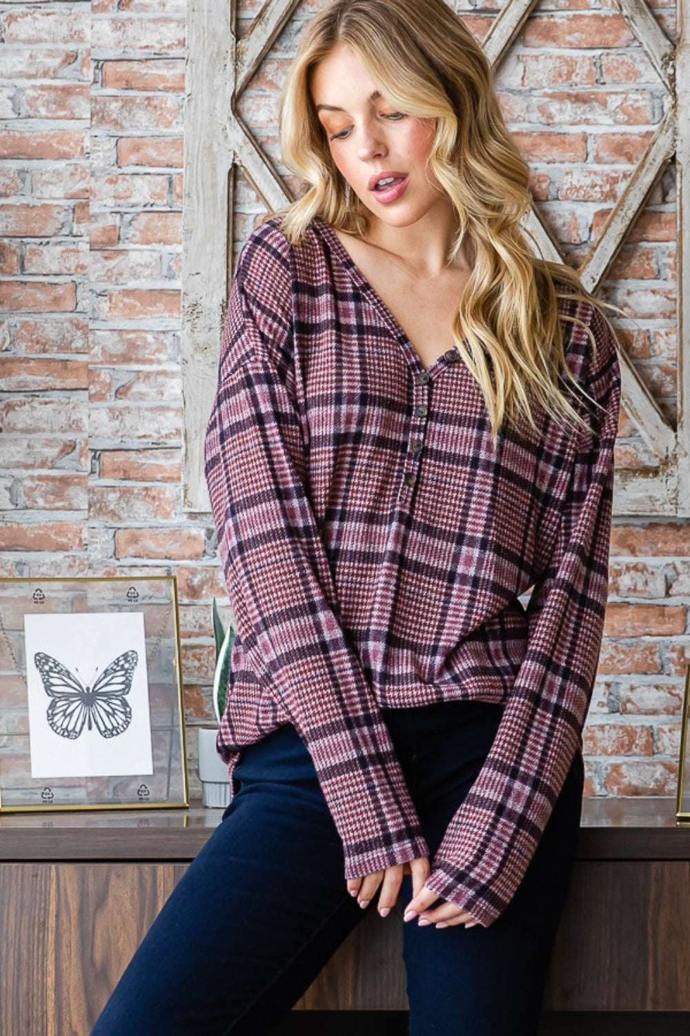 Heimish Full Size Plaid V-Neck Long Sleeve Top Heimish Full Size Plaid V-Neck Long Sleeve Top - TopFashionHQ