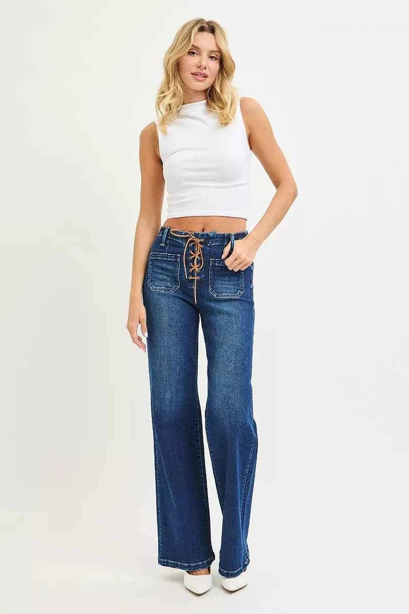 RISEN Full Size High Rise Wide Leg Jeans with Front Tie Detail Plus Size RISEN Full Size High Rise Wide Leg Jeans with Front Tie Detail Plus Size