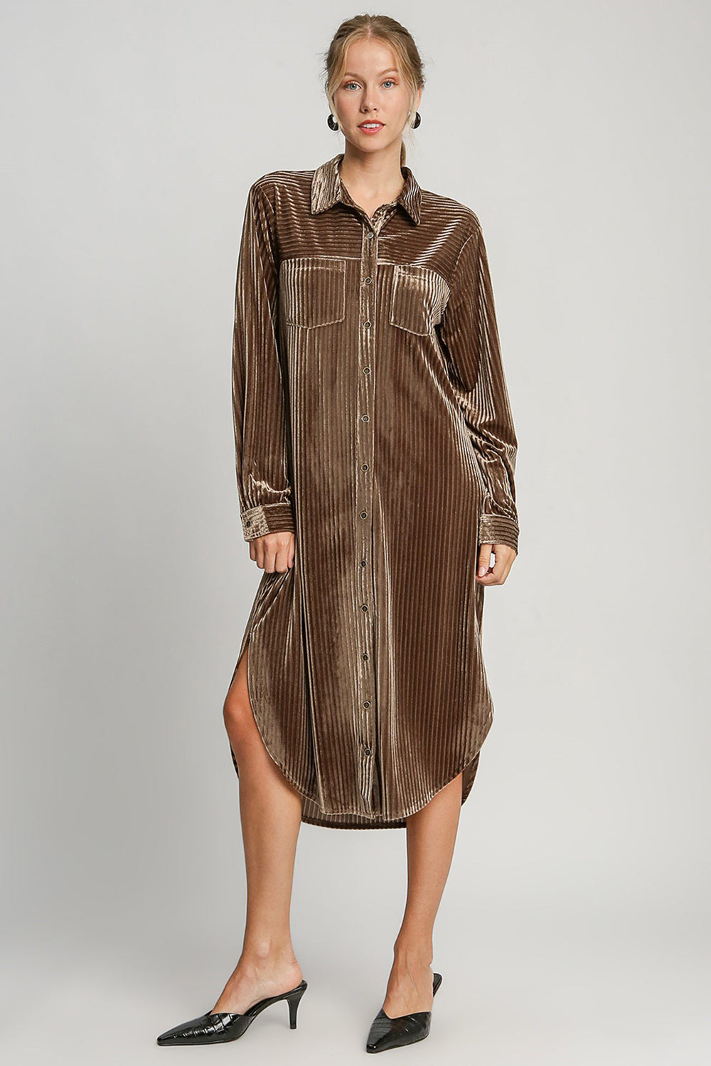Umgee Texture Curved Hem Button Down Shirt Dress Umgee Texture Curved Hem Button Down Shirt Dress - TopFashionHQ