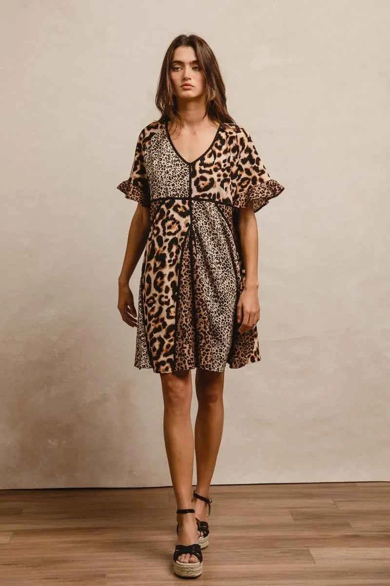 BiBi Leopard Prints Mix and Match Short Sleeves Dress BiBi Leopard Prints Mix and Match Short Sleeves Dress