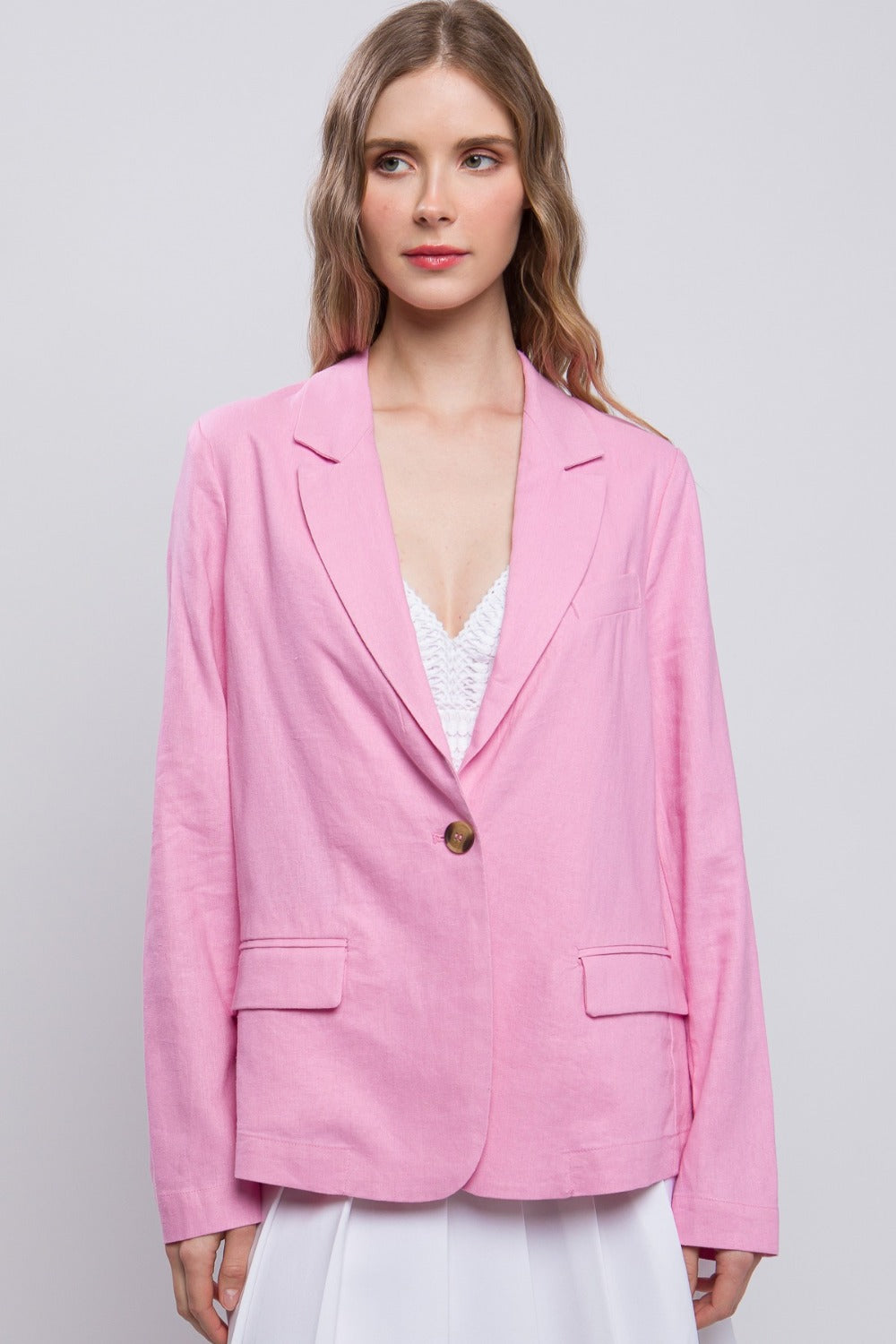 Love Tree One-Button Long Sleeve Linen Blazer Love Tree One-Button Long Sleeve Linen Blazer - TopFashionHQ