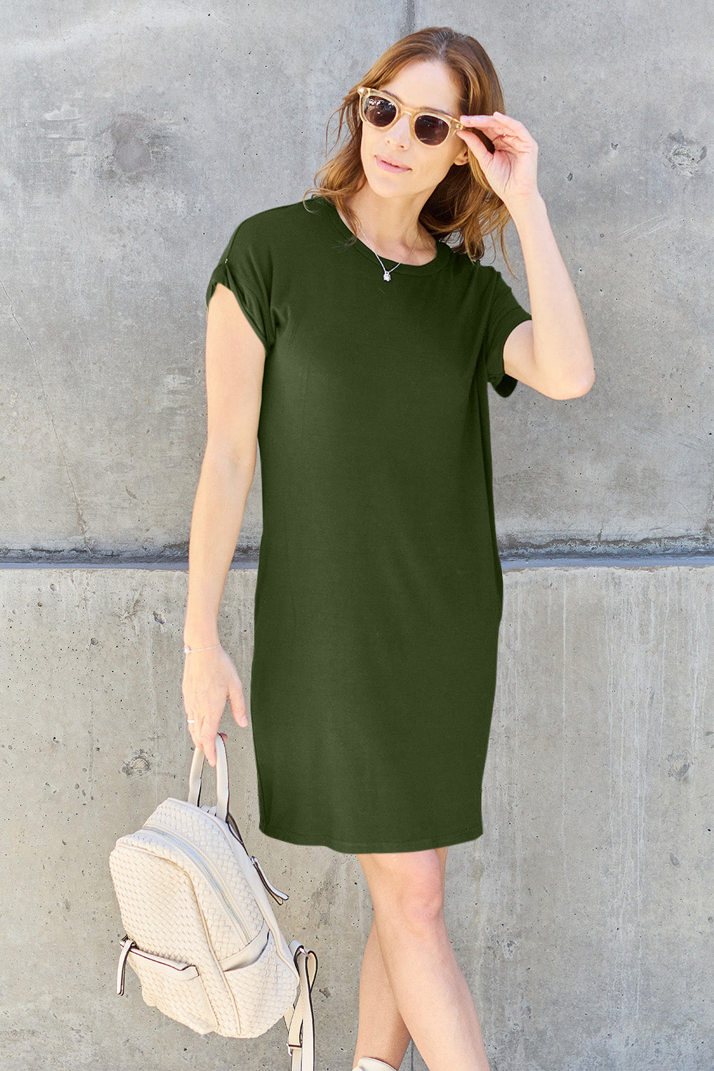 Basic Bae Full Size Round Neck Short Sleeve Dress with Pockets Basic Bae Full Size Round Neck Short Sleeve Dress with Pockets - TopFashionHQ