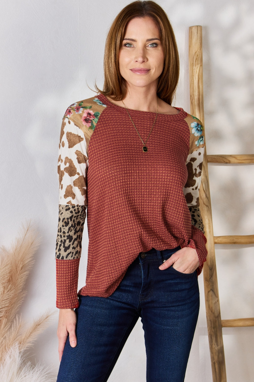 Hailey & Co Full Size Leopard Waffle-Knit Blouse Hailey & Co Full Size Leopard Waffle-Knit Blouse - TopFashionHQ