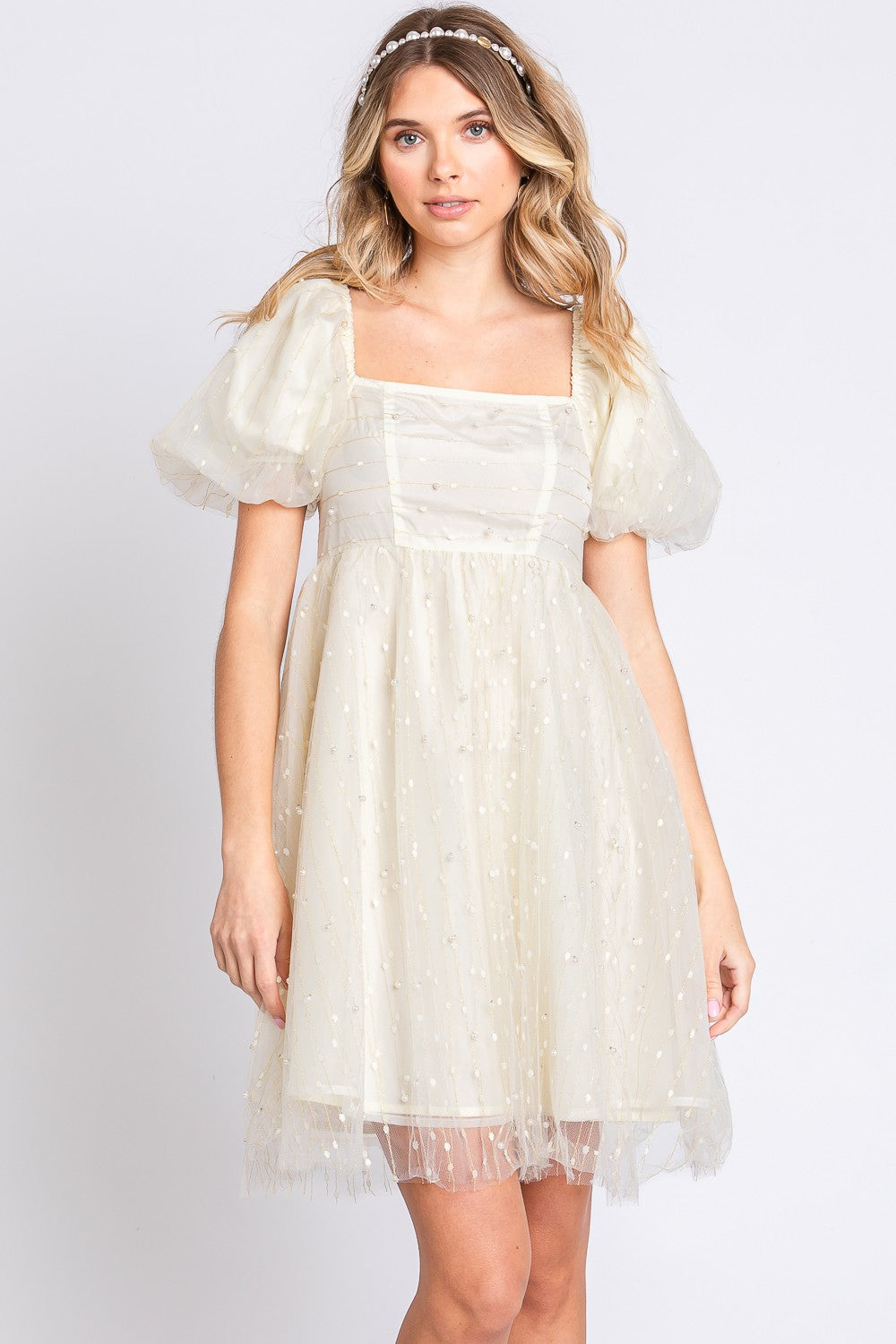 GeeGee Pearl Mesh Puff Sleeve Babydoll Dress GeeGee Pearl Mesh Puff Sleeve Babydoll Dress - TopFashionHQ