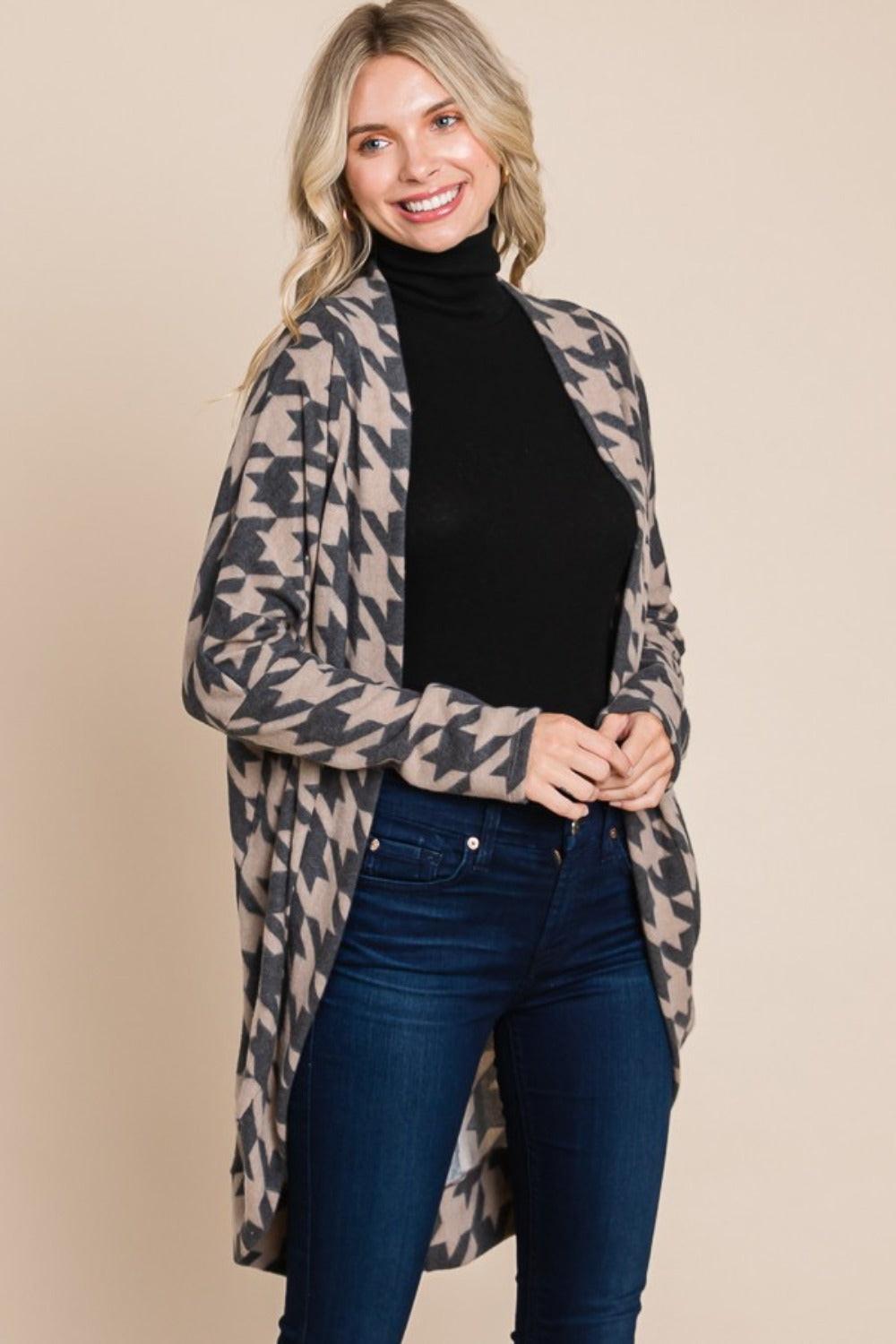 BOMBOM Houndstooth Open Front Cocoon Knit Cardigan BOMBOM Houndstooth Open Front Cocoon Knit Cardigan