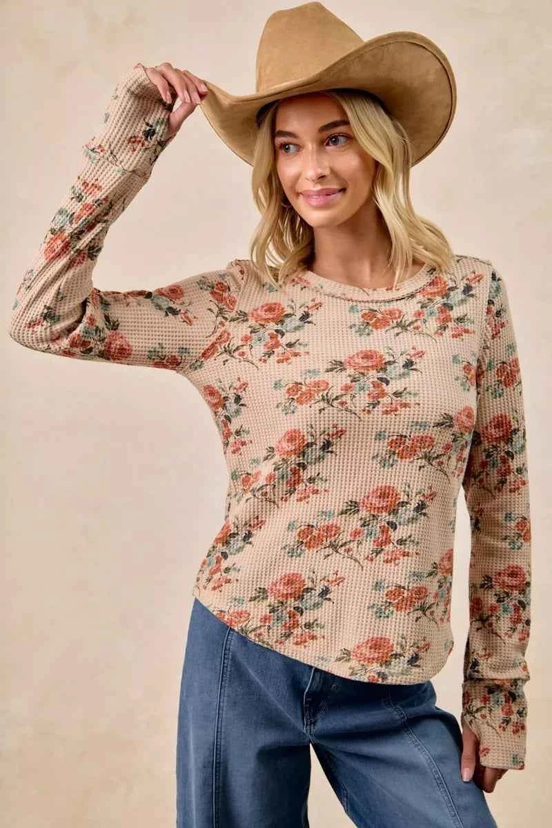 BiBi Floral Print Washed Waffle Thermal Top with Thumb BiBi Floral Print Washed Waffle Thermal Top with Thumb