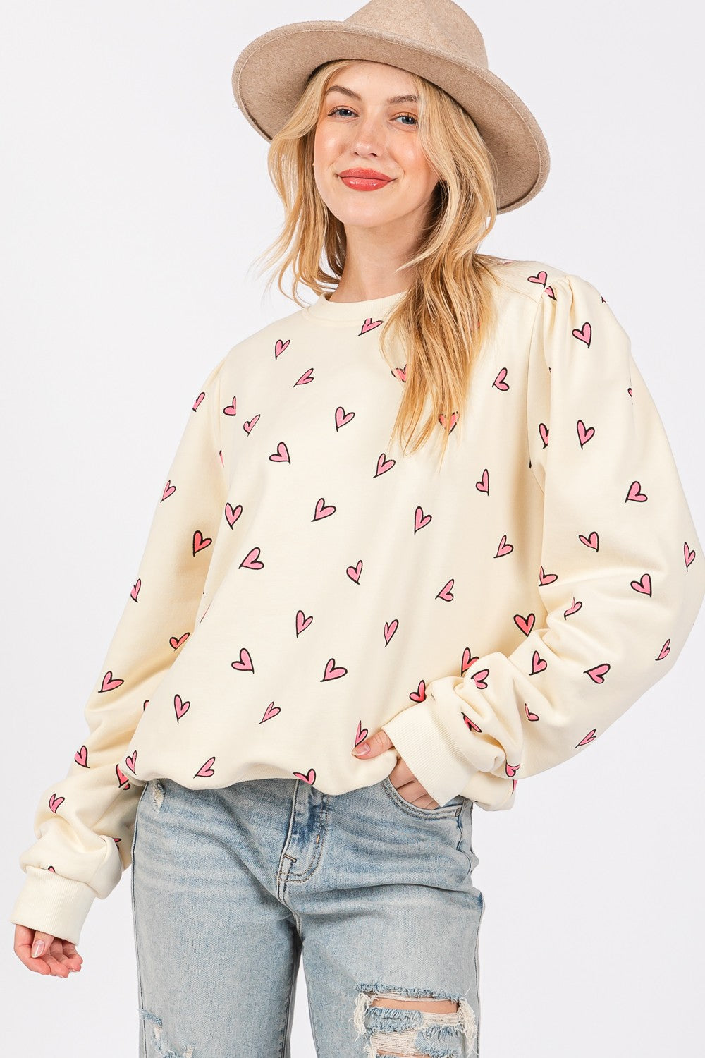 SAGE + FIG Heart Printed Contrast Long Sleeve Sweatshirt SAGE + FIG Heart Printed Contrast Long Sleeve Sweatshirt