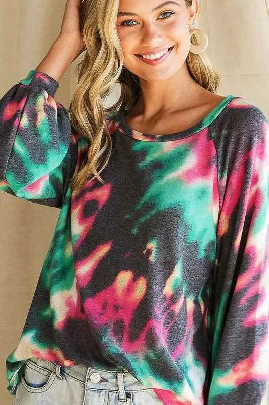 BiBi Tie Dye Print Terry Top with Puff Sleeves BiBi Tie Dye Print Terry Top with Puff Sleeves