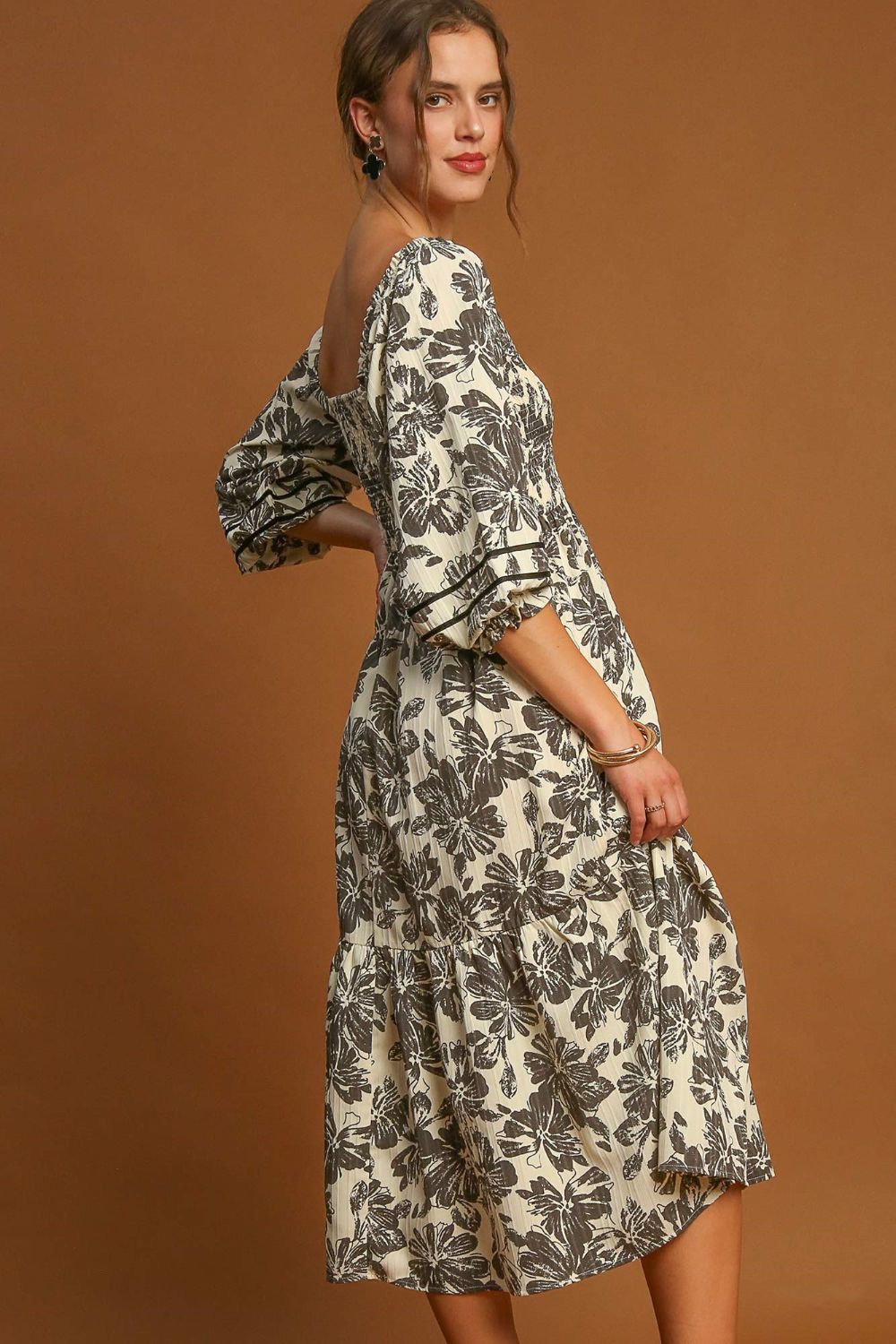 Umgee Ruffle Hem Flower Printed V-Neck Dress Umgee Ruffle Hem Flower Printed V-Neck Dress - TopFashionHQ