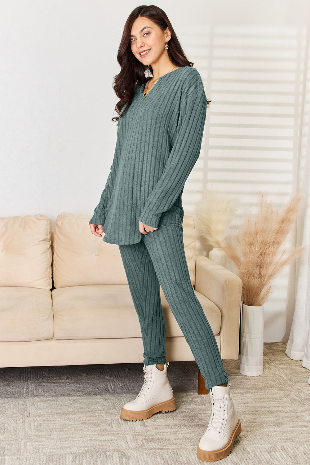 Basic Bae Full Size Notched Long Sleeve Top and Pants Set Basic Bae Full Size Notched Long Sleeve Top and Pants Set - TopFashionHQ