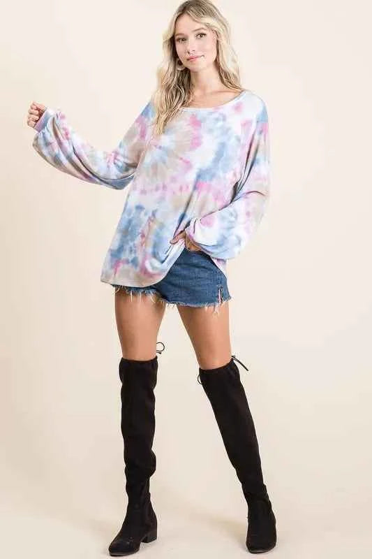 BiBi Tie Dye Print Terry Top With Puff Sleeves BiBi Tie Dye Print Terry Top With Puff Sleeves