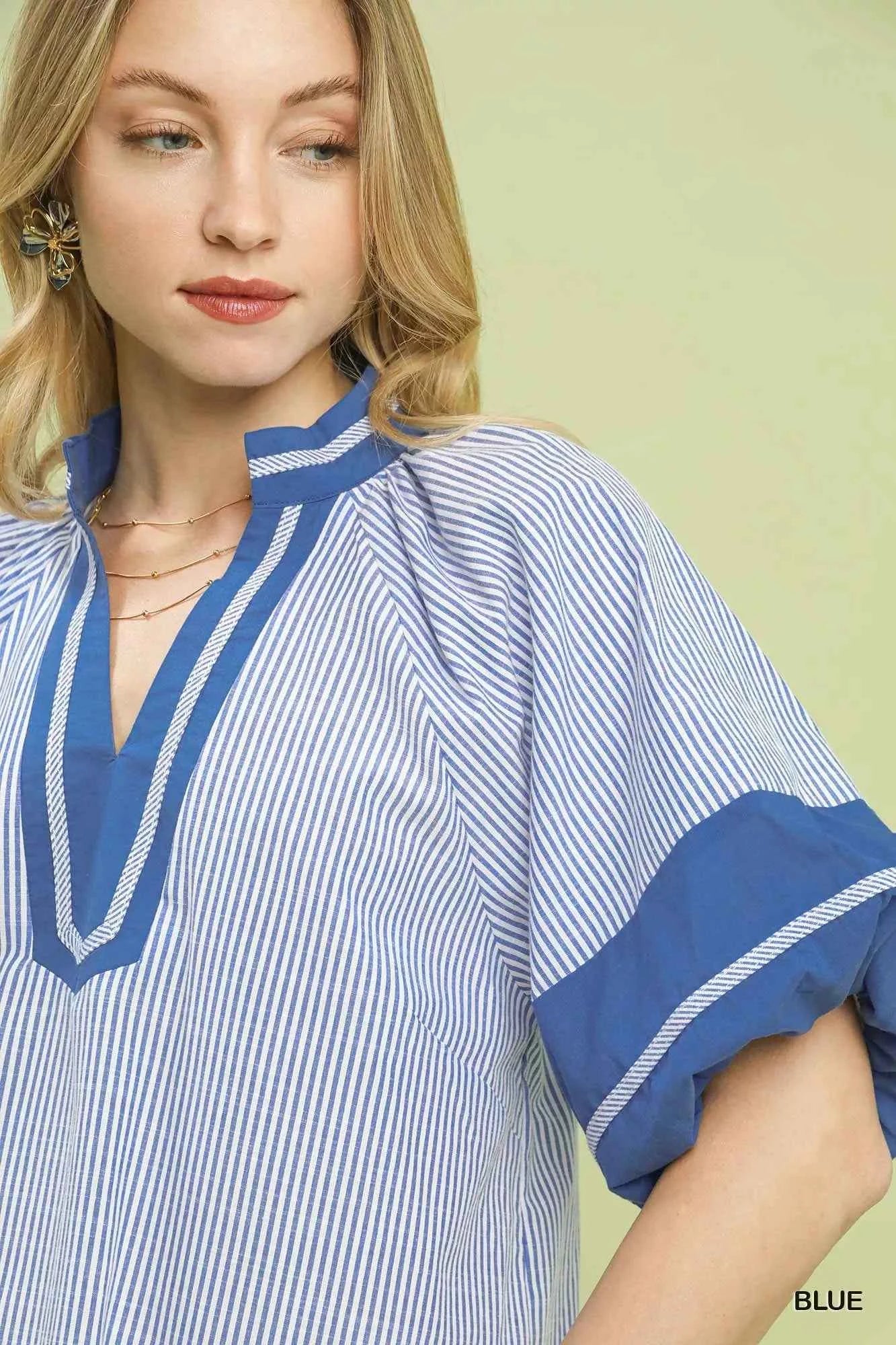 Umgee Striped Mixed Puff Sleeve Blouse Umgee Striped Mixed Puff Sleeve Blouse