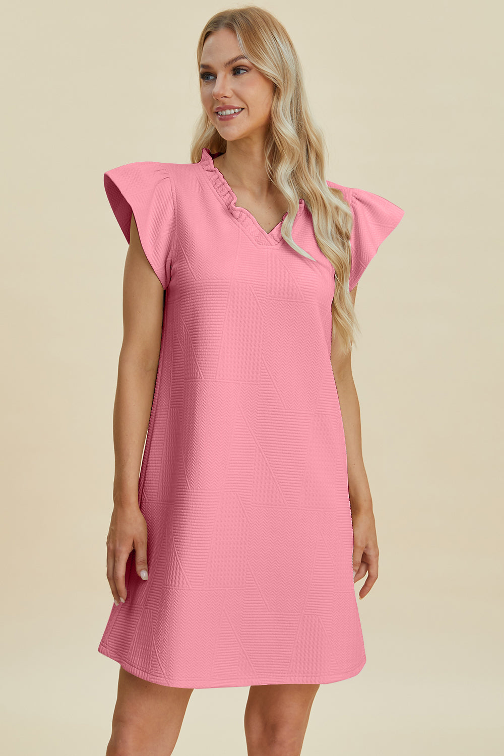 Double Take Full Size Ruffled V-Neck Cap Sleeve Dress Double Take Full Size Ruffled V-Neck Cap Sleeve Dress