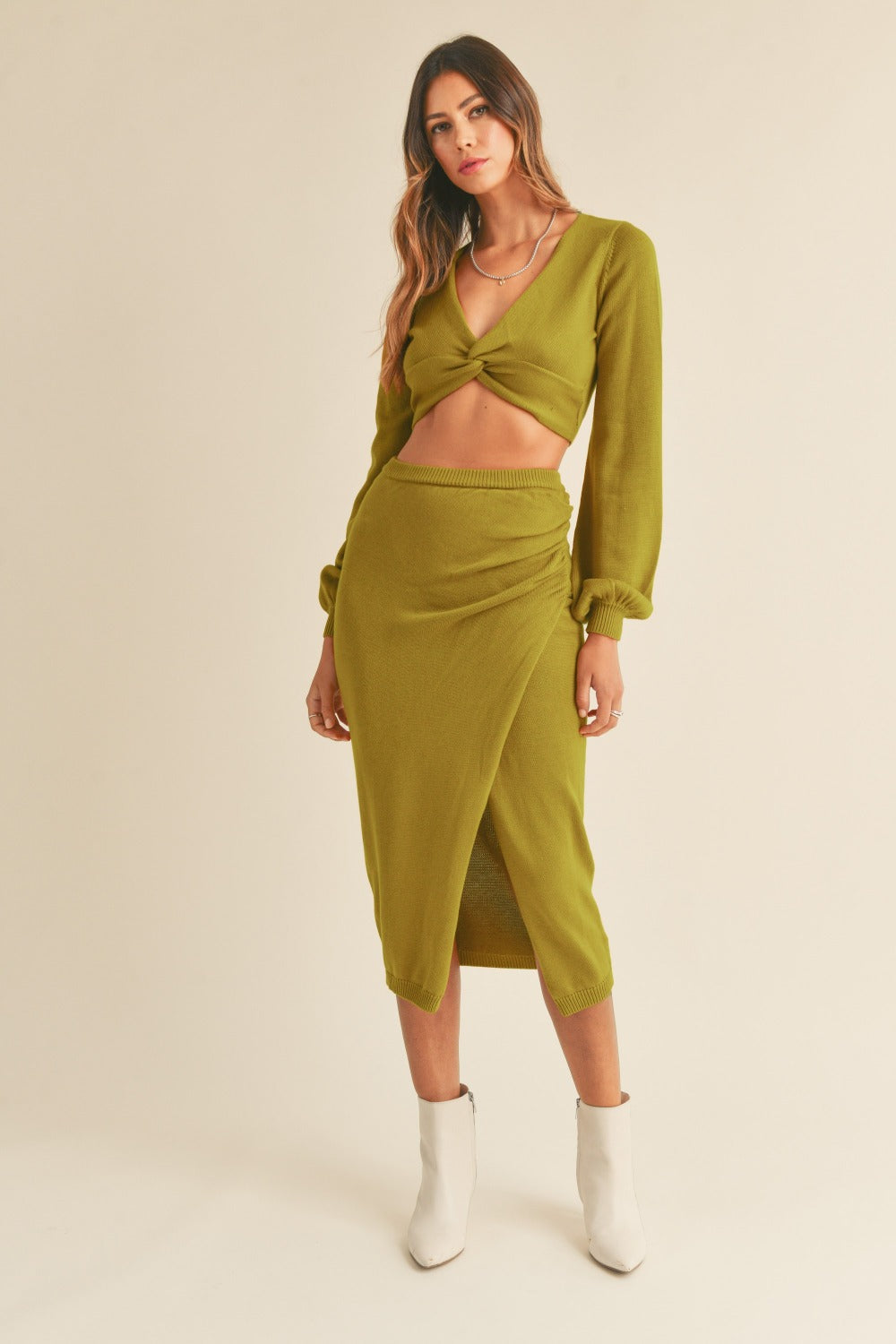 MABLE Front Twisted Knit Top and Midi Skirt Set MABLE Front Twisted Knit Top and Midi Skirt Set
