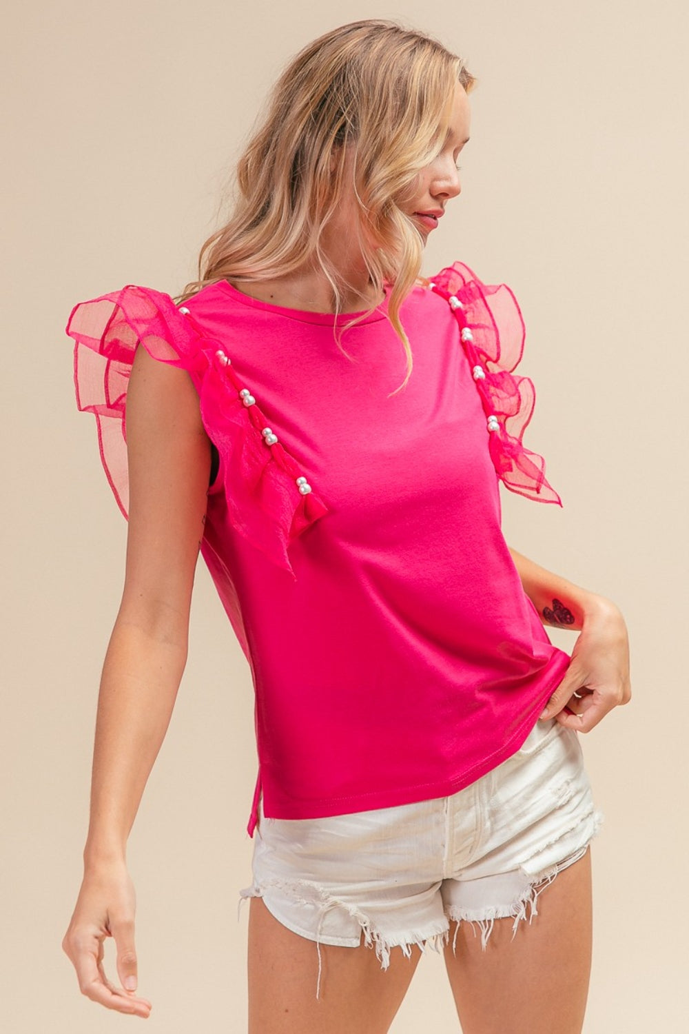 BiBi Pearl Decor Mesh Ruffle Sleeve Top BiBi Pearl Decor Mesh Ruffle Sleeve Top - TopFashionHQ