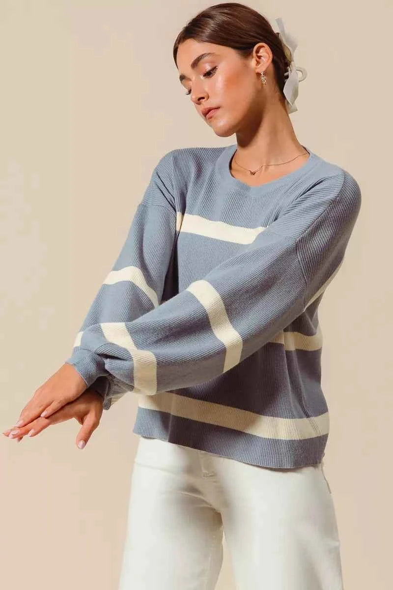 SO ME Ribbed Striped Round Neck Sweater SO ME Ribbed Striped Round Neck Sweater