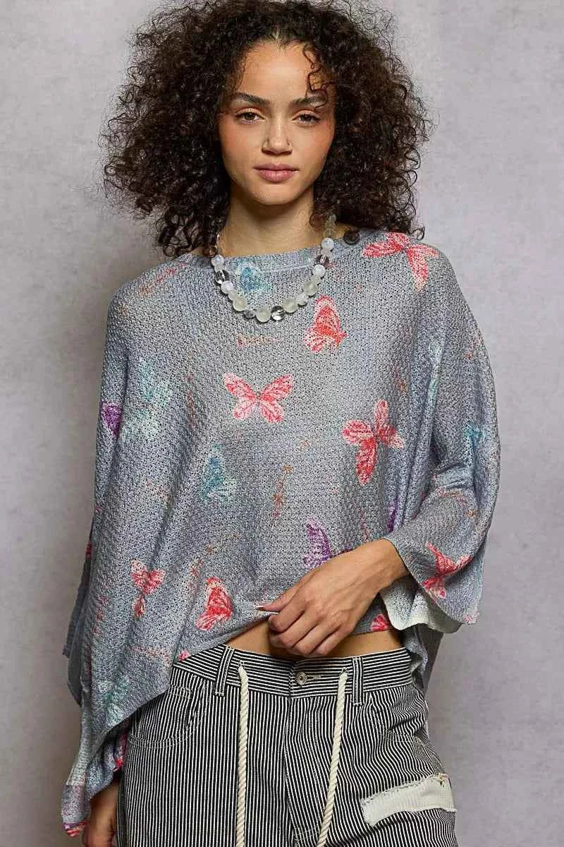 POL Butterflies Pattern Round Neck knit Top with Outseam Rolling Edge POL Butterflies Pattern Round Neck knit Top with Outseam Rolling Edge