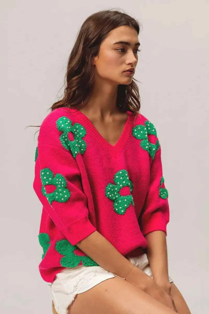 BiBi Pearl Beads Flowers Sweater Top BiBi Pearl Beads Flowers Sweater Top