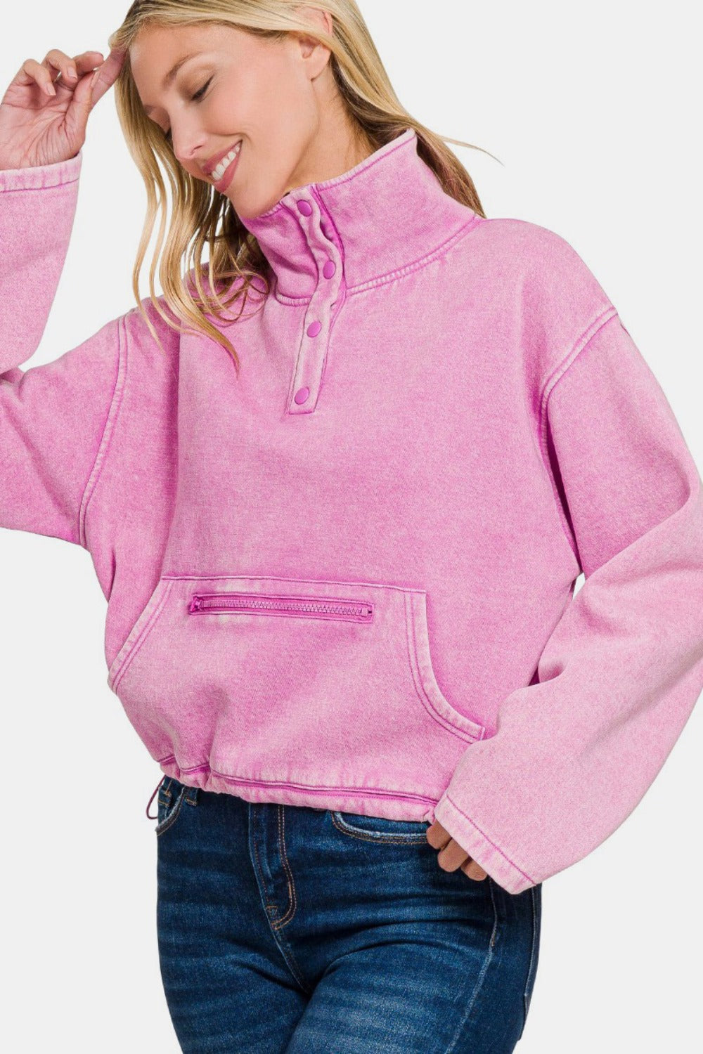Zenana Acid Wash Fleece Half Snap Sweatshirt with Pocket Zenana Acid Wash Fleece Half Snap Sweatshirt with Pocket