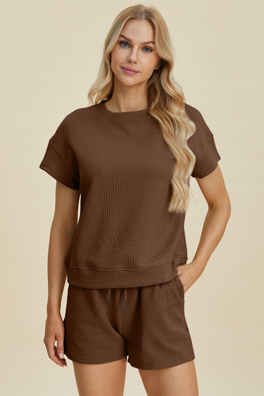 Double Take Full Size Texture Short Sleeve Top and Shorts Set Double Take Full Size Texture Short Sleeve Top and Shorts Set
