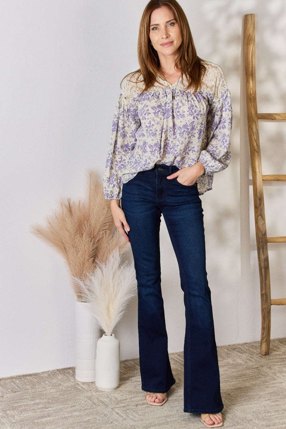 Hailey & Co Full Size Lace Detail Printed Blouse Hailey & Co Full Size Lace Detail Printed Blouse - TopFashionHQ