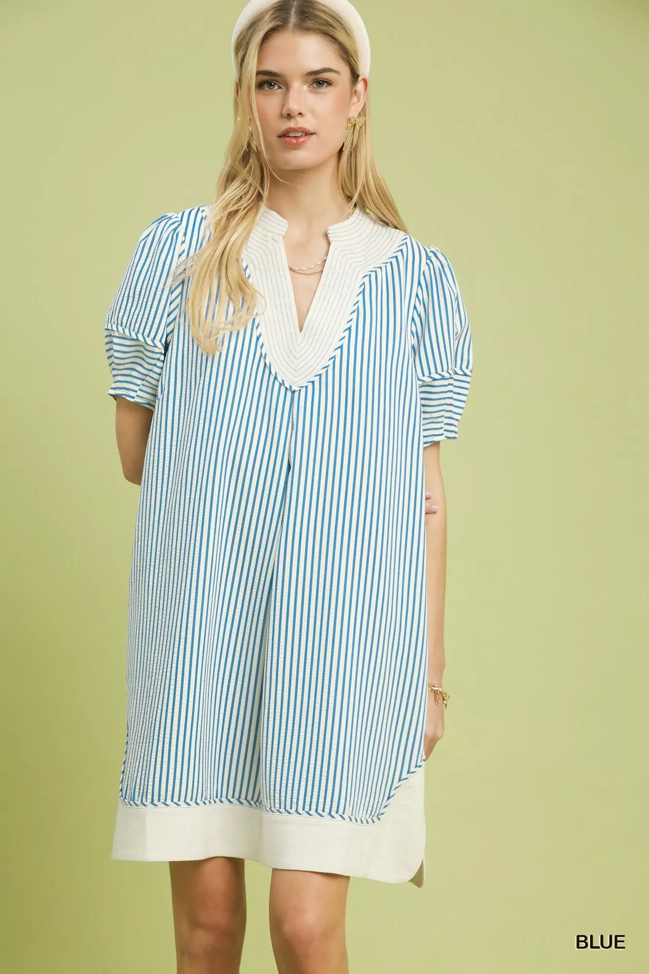 Umgee Pinstripe Shift Dress with Contrast Trim 5397077c-3fd3-4f0a-91a8-4d06825342e0-Max-Origin