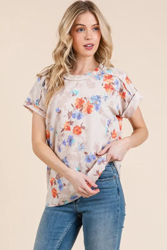 BOMBOM Floral Round Neck RIbbed T-Shirt 5397f33e75e943548e75dcdd8770d6b6-Max-Origin
