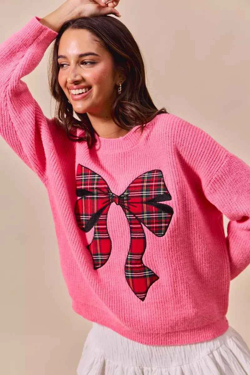 SO ME Checker Plaid Ribbon Christmas Holiday Sweater SO ME Checker Plaid Ribbon Christmas Holiday Sweater