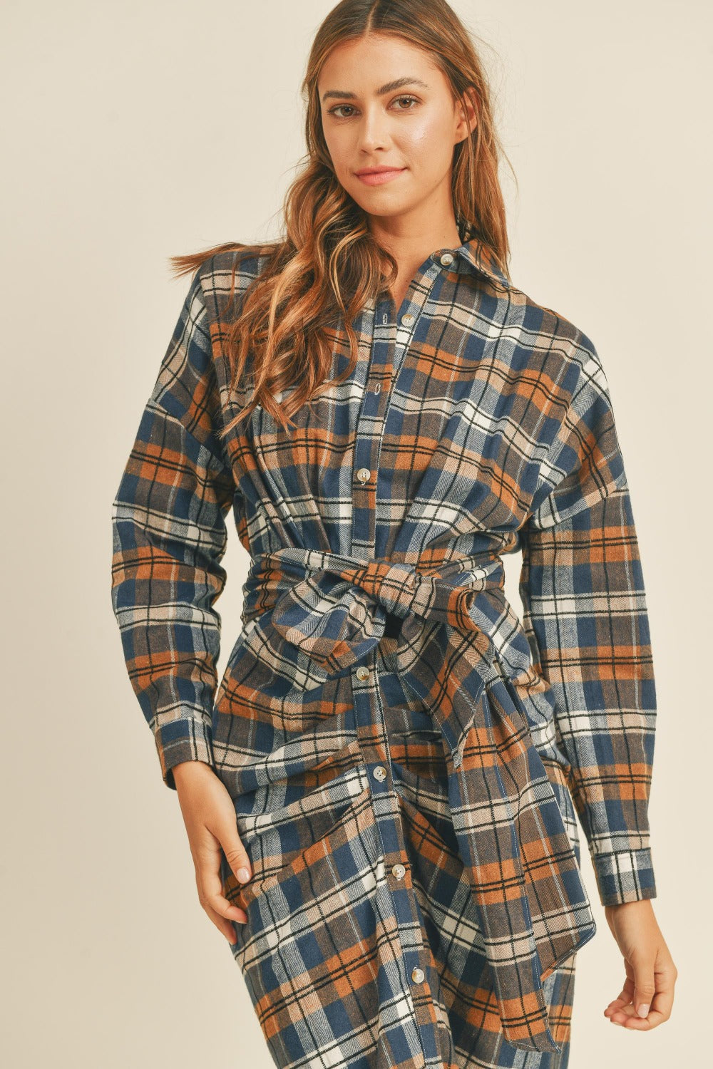 Mable Plaid Flannel Front Tie Button Down Shirt Dress Mable Plaid Flannel Front Tie Button Down Shirt Dress - TopFashionHQ