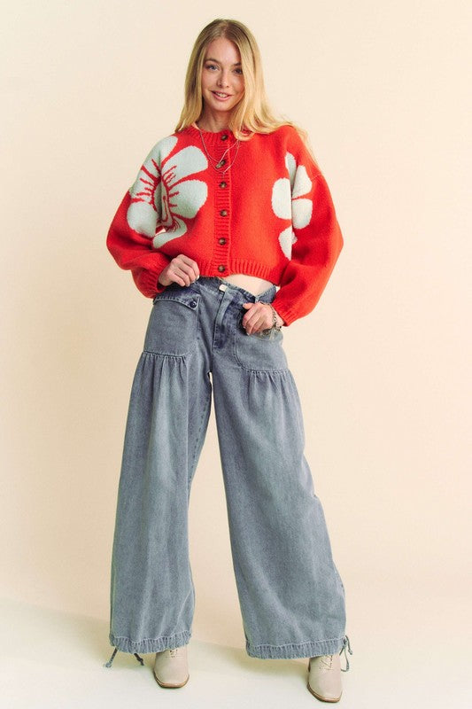 Davi & Dani Flower Contrast Round Neck Long Sleeve Cardigan Davi & Dani Flower Contrast Round Neck Long Sleeve Cardigan - TopFashionHQ