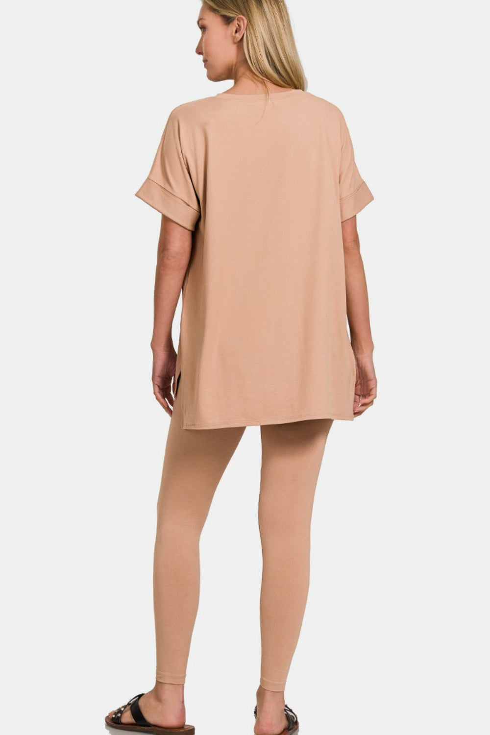 Zenana Full Size V-Neck Rolled Short Sleeve T-Shirt and Leggings Lounge Set Zenana Full Size V-Neck Rolled Short Sleeve T-Shirt and Leggings Lounge Set - TopFashionHQ