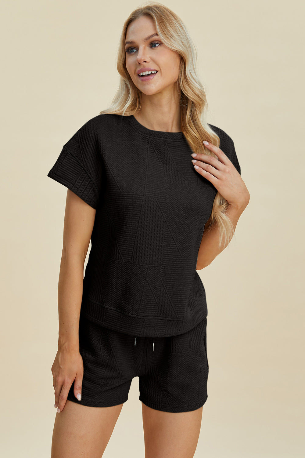 Double Take Full Size Texture Short Sleeve Top and Shorts Set Double Take Full Size Texture Short Sleeve Top and Shorts Set