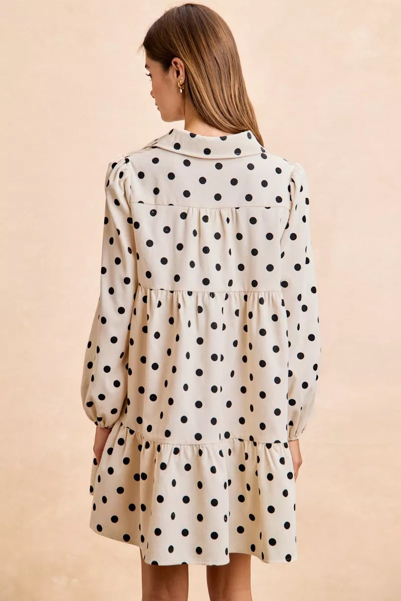 BiBi Polka Dot Corduroy Collared V Neck Dress 5477aeb27804484db53aec0836239cee-Max-Origin