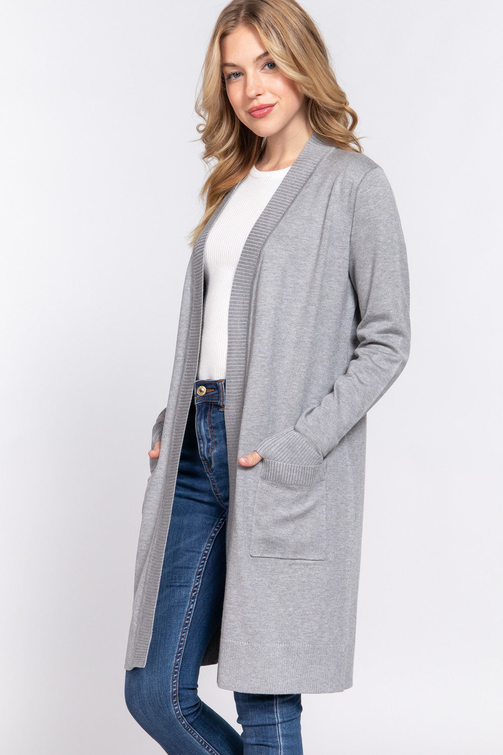 ACTIVE BASIC Open Front Rib Trim Long Sleeve Knit Cardigan ACTIVE BASIC Open Front Rib Trim Long Sleeve Knit Cardigan - TopFashionHQ
