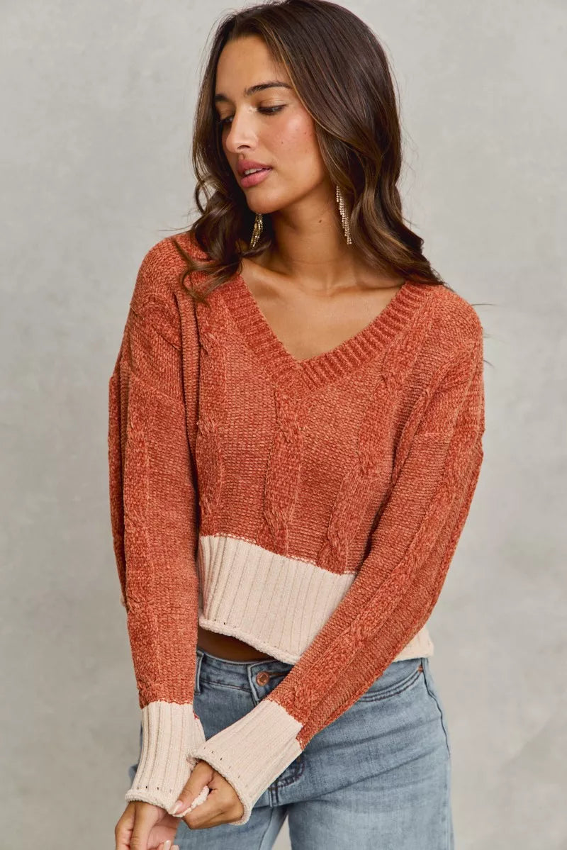 SO ME Chenille Cable Knit V Neck Contrast Cropped Sweater 548a6539d7bb4afb9bd04effd20185f8-Max-Origin
