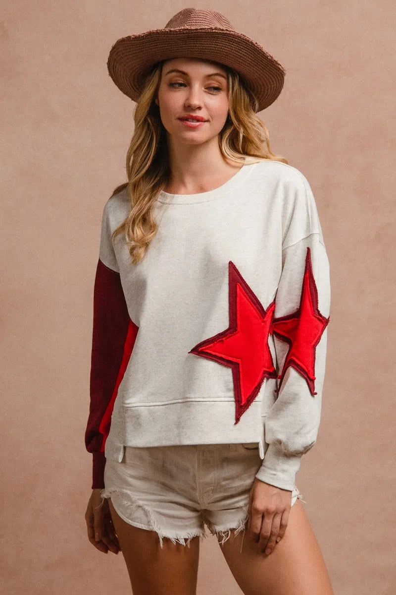 BiBi Star Patch And Spliced Hemline French Terry Long Sleeve Sweatshirt 5499cdefcb574c9a9cdd79ce799a867f-Max-Origin