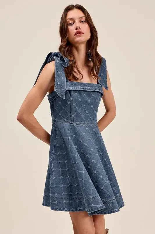 SO ME A Line Fit and Flare Diamond Bow Ribbon Denim Dres SO ME A Line Fit and Flare Diamond Bow Ribbon Denim Dres