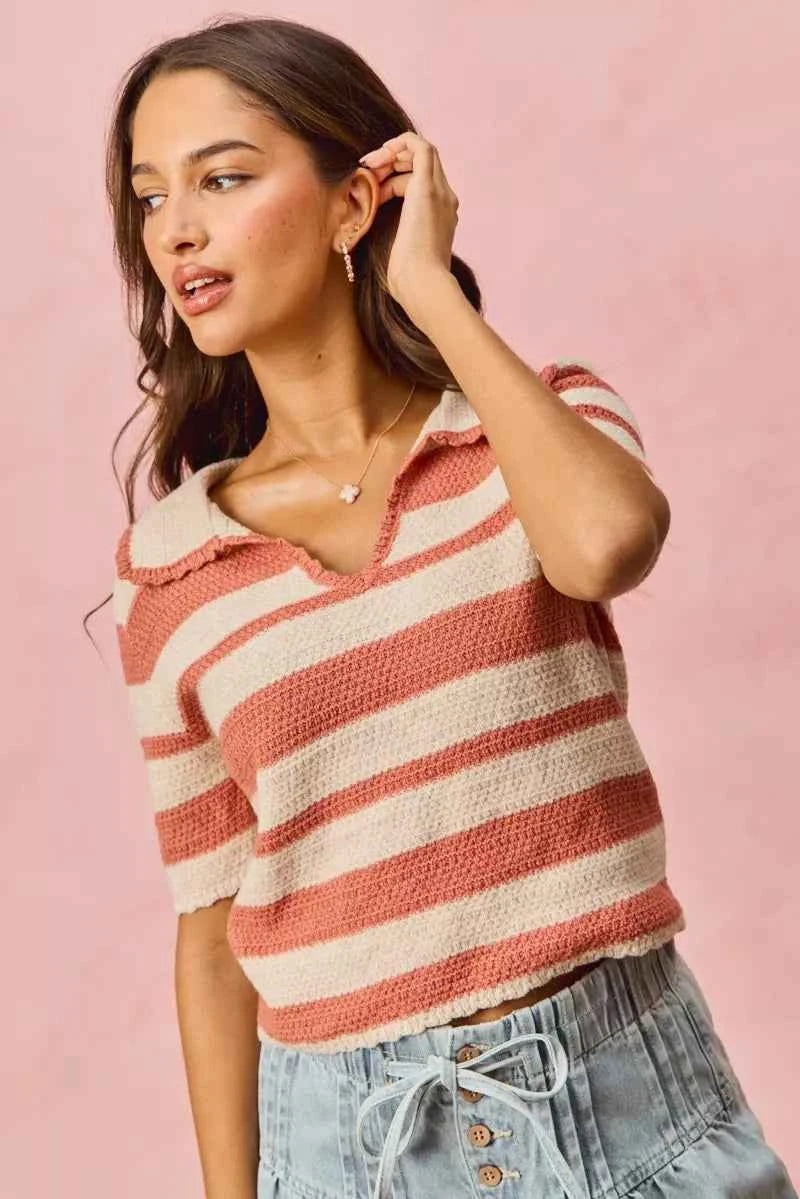 SO ME Stripe Short Sleeve Cropped Sweater SO ME Stripe Short Sleeve Cropped Sweater