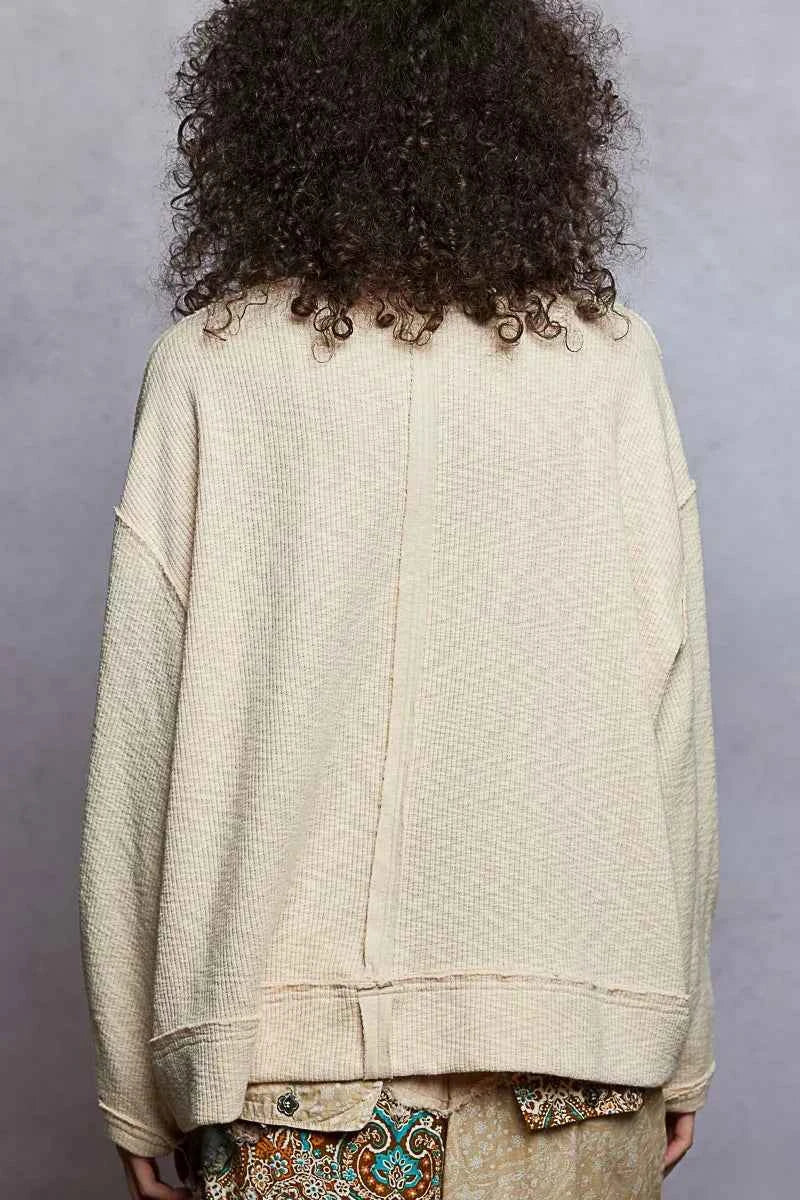 POL Balloon Sleeve Oversized Ribbed Top with Floral Pattern Contrast POL Balloon Sleeve Oversized Ribbed Top with Floral Pattern Contrast