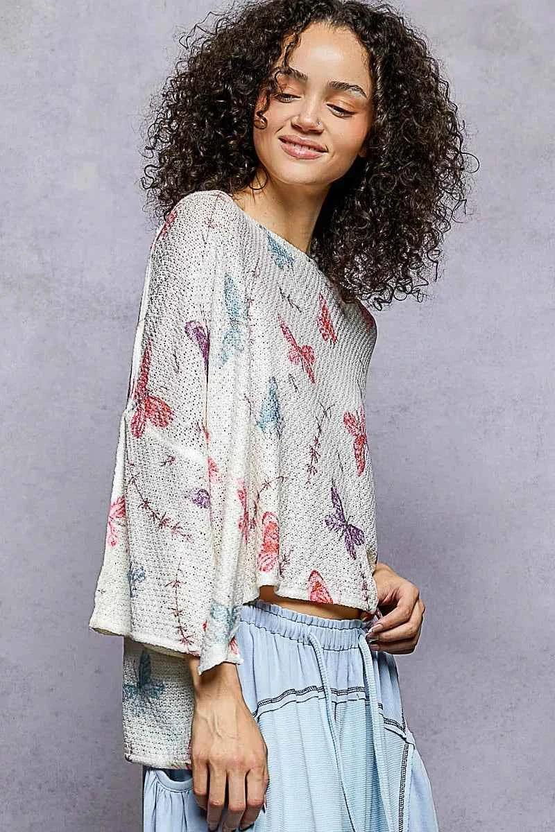 POL Butterflies Pattern Round Neck knit Top with Outseam Rolling Edge POL Butterflies Pattern Round Neck knit Top with Outseam Rolling Edge