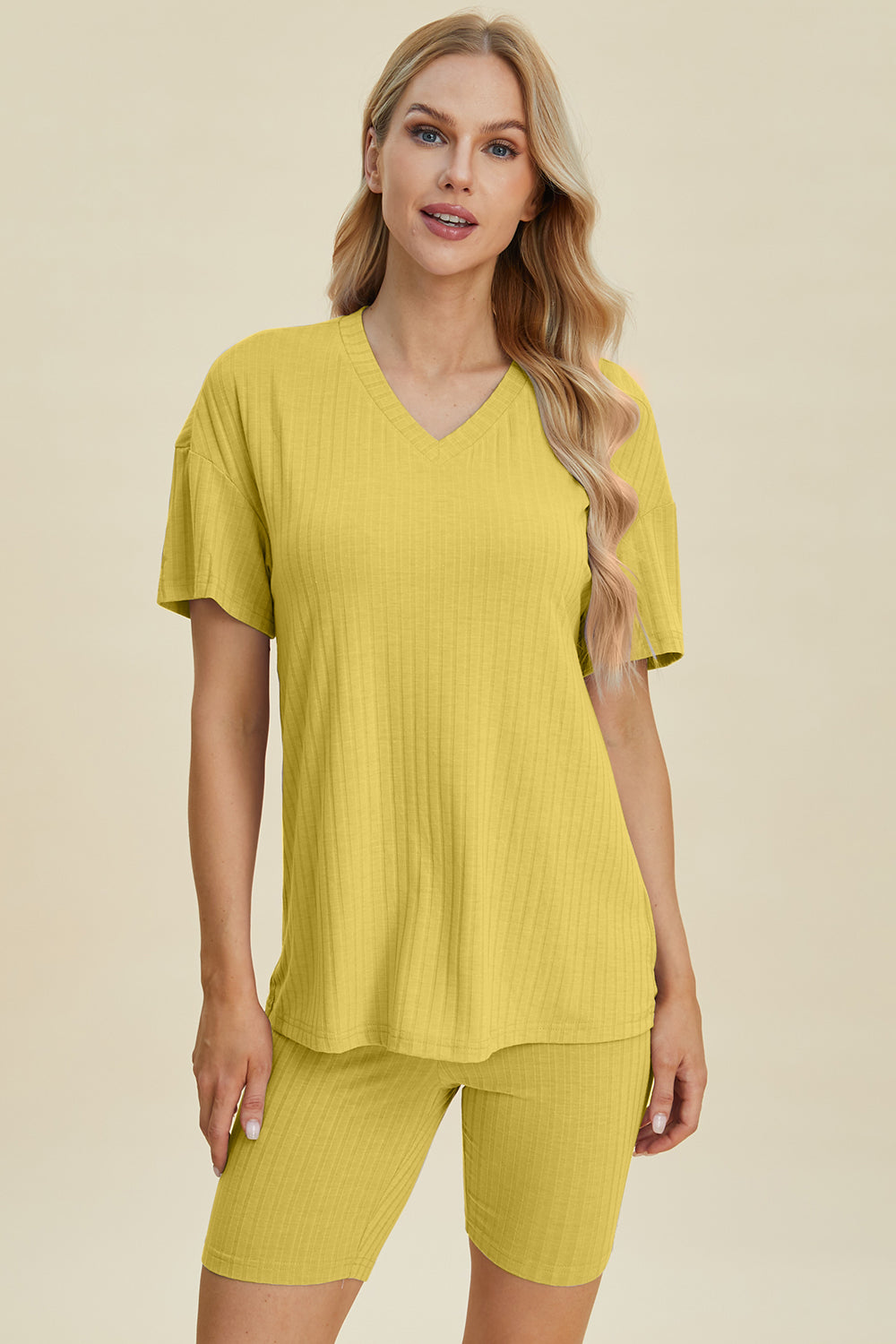 Basic Bae Full Size Ribbed V-Neck Short Sleeve Top and Shorts Set Basic Bae Full Size Ribbed V-Neck Short Sleeve Top and Shorts Set